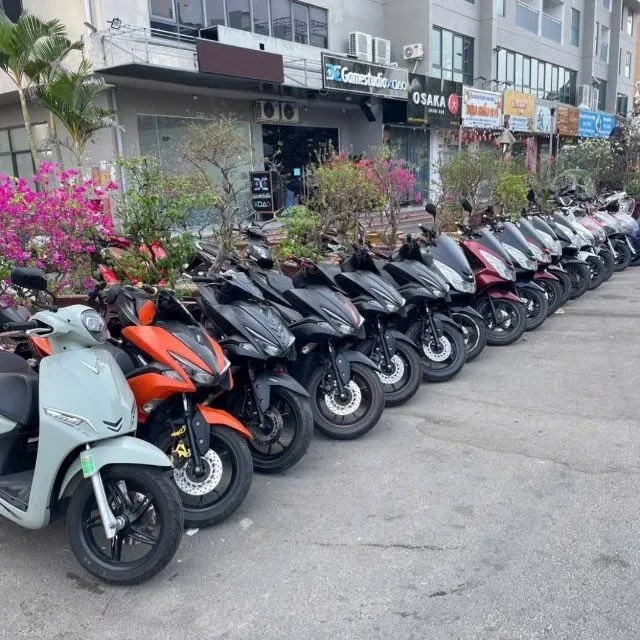 Ряд скутеров у точки проката Hello Moto в Нячанге, выстроенных вдоль тротуара